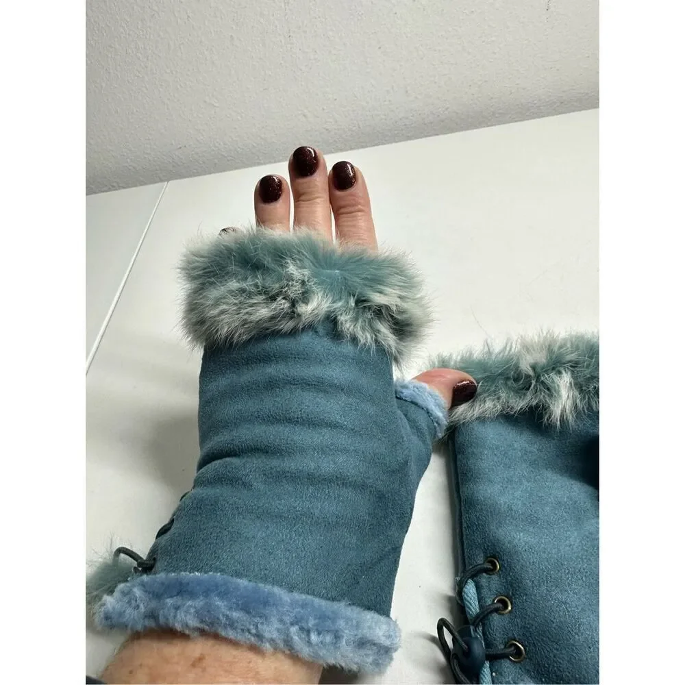 Women’s Faux Suede Fingerless Gloves Sky Blue One Size Rabbit Fur Trim Lace Up